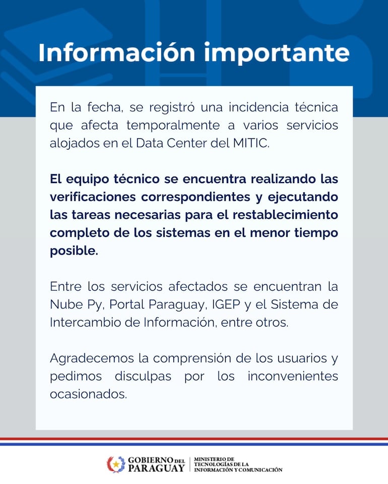 MITIC reporta problemas técnicos que afectan servicios del Estado