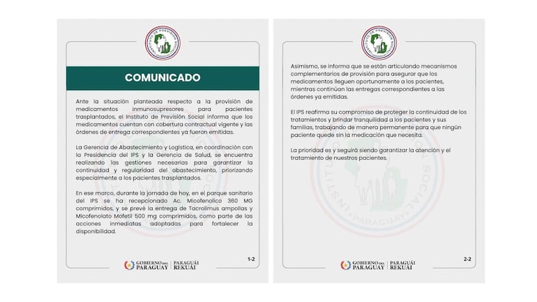 Comunicado del IPS sobre medicamentos para trasplantados, en un documento oficial sin personas visibles.