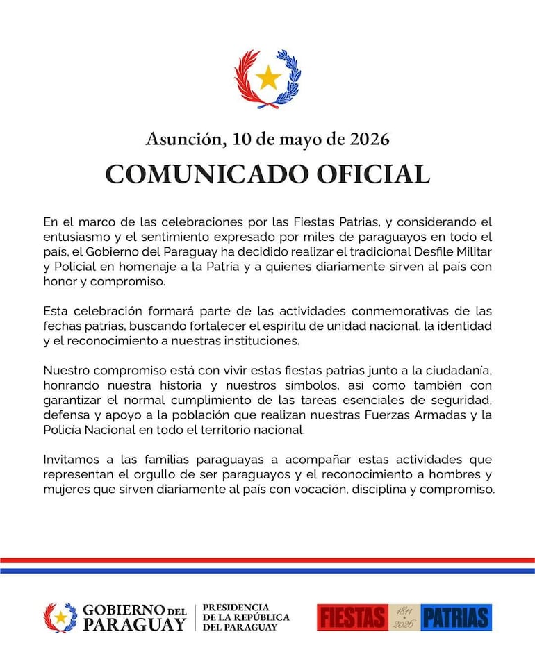 Comunicado oficial del Gobierno paraguayo, con escudo y texto sobre el desfile militar por las Fiestas Patrias.