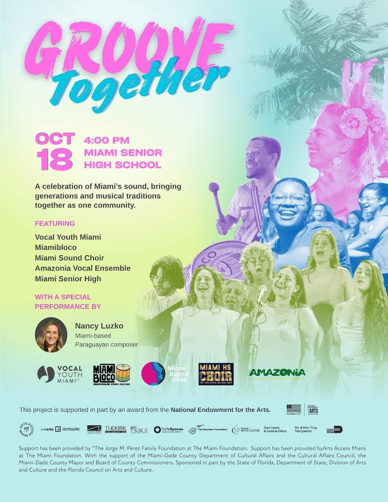 Cartel colorido del evento 'Groove Together', destacando a Nancy Luzko como artista invitada y varias agrupaciones musicales.