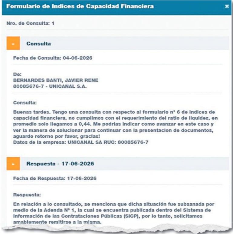 La consulta presentada por Unicanal SA solicitaba adecuar el pliego a “ratio de liquidez” de la empresa.
