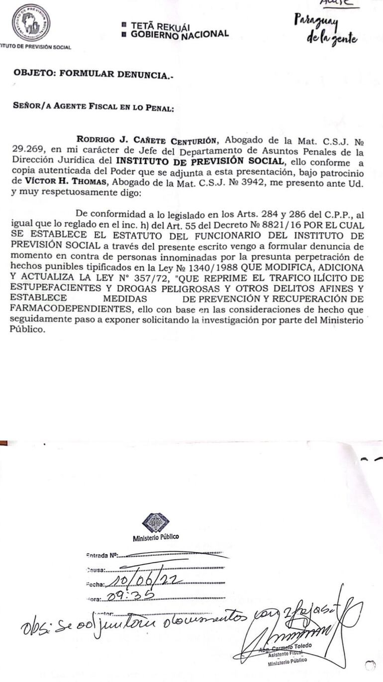 Denuncia presentada por IPS sobre la venta ilícita de sus medicamentos.