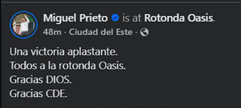 El mensaje del exintendente de Ciudad del Este Miguel Prieto.