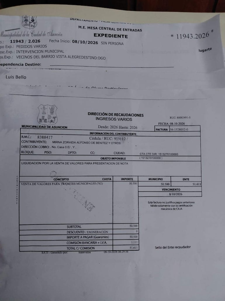 Documento oficial de la Municipalidad de Asunción sobre petición de mantenimiento, sin personas visibles.