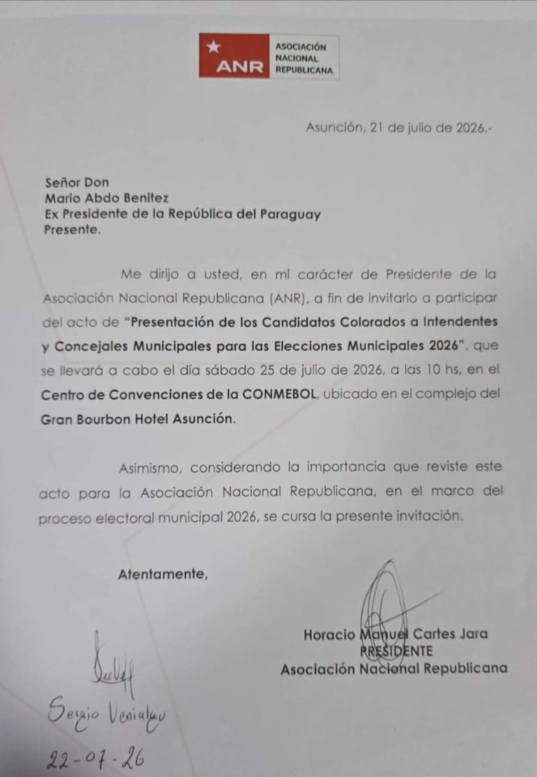 Carta formal de Horacio Cartes a Mario Abdo Benítez sobre evento electoral, con encabezado de la ANR y detalles de la invitación.