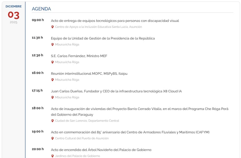 Ezequiel Santagada compartió la agenda de la Presidencia de la República del 3 de diciembre de 2025, en el que no figura ninguna reunión con los ministros de la Corte.