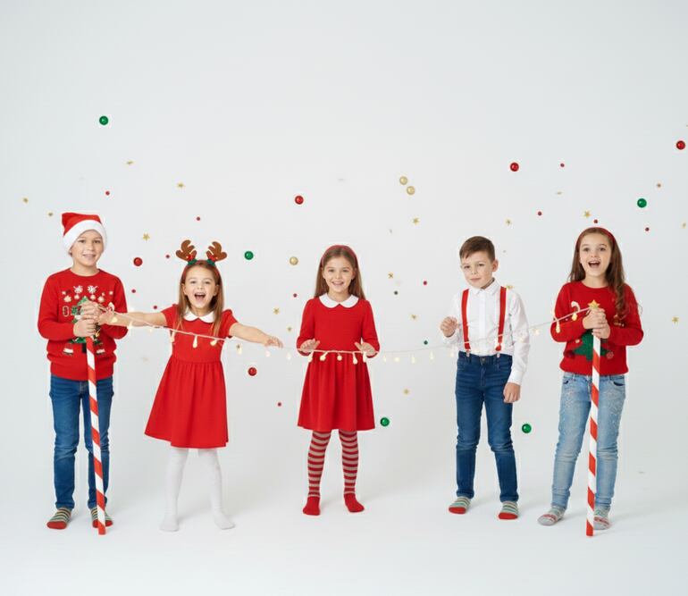 Niñoas jugando al limbo con luces navideñas.