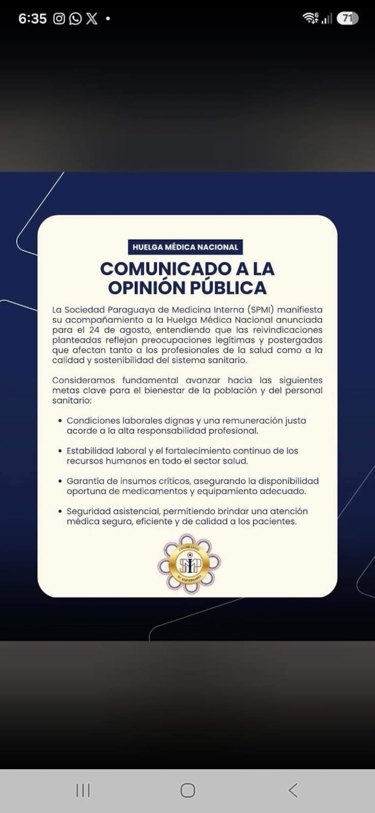Comunicado de la Sociedad Paraguaya de Medicina Interna en fondo blanco, con texto sobre la huelga médica nacional.