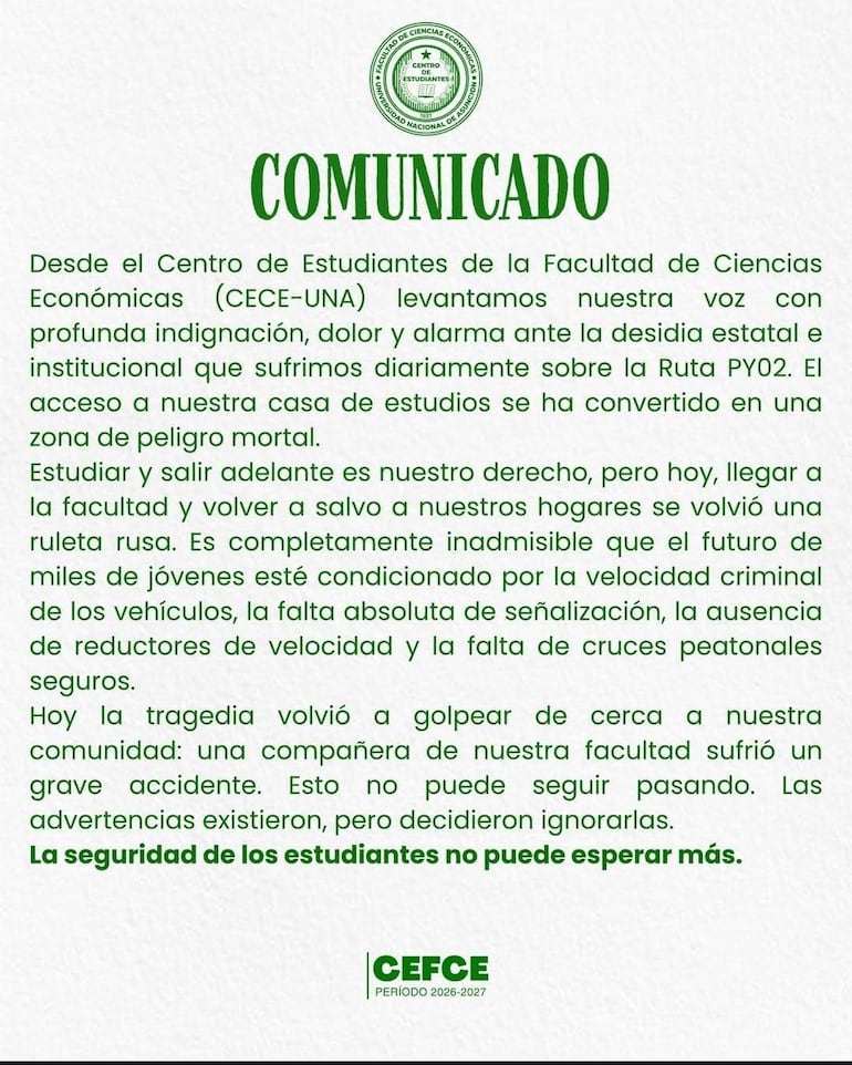 Comunicado del CECE-UNA sobre seguridad vial en Ruta PY02, sin personas visibles, resaltando preocupación institucional.