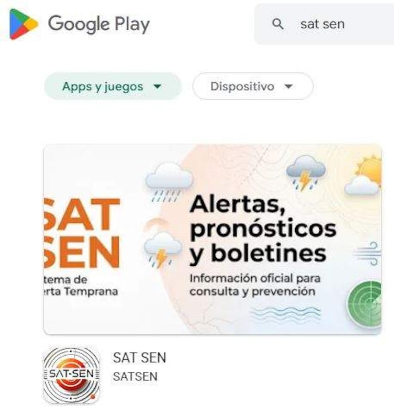 Captura de pantalla de la tienda de aplicaciones con el logo de SAT SEN y opciones de descarga para alertas meteorológicas.