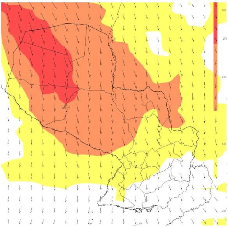 Gráfico que muestra un mapa meteorológico con información sobre vientos y clima en Paraguay.