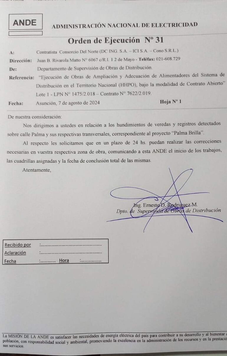 ANDE urgió ayer a sus contratistas las correcciones necesarias en 24 hs. en sus zonas de obras.
