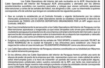 La Asociación de Cable Operadores del Interior del Paraguay (ACIP) remitió una nota a Teledeportes Paraguay S.A. del Grupo Millicom Tigo.