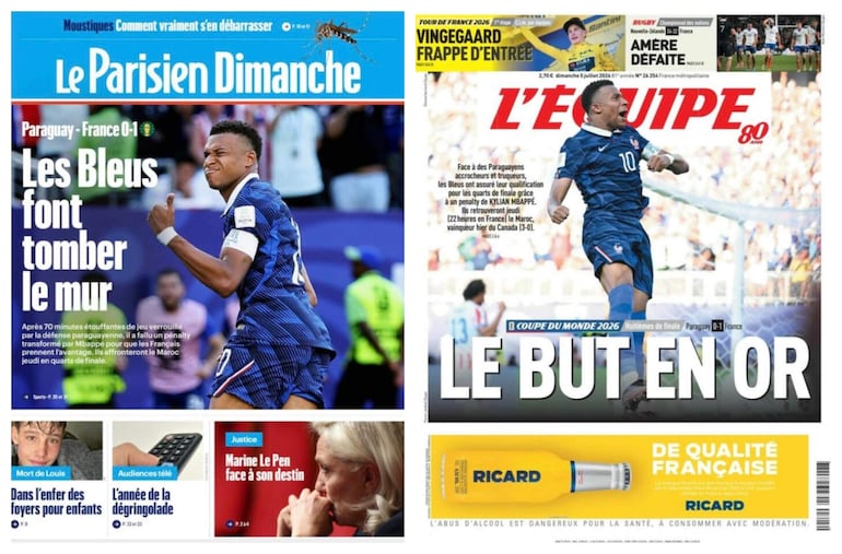 Los principales diarios del mundo se hicieron eco de la ajustada victoria francesa por 1-0 en los octavos de final del Mundial 2026. Le Parisien Dimanche dedicó una tapa completa a su estrella bajo el título “Les Bleus derriban el muro”.