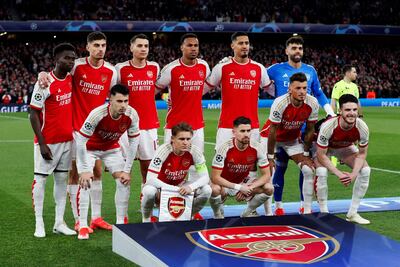 (front row from L to R) Arsenal's Brazilian midfielder #11 Gabriel Martinelli, Arsenal's Norwegian midfielder #08 Martin Odegaard, Arsenal's Italian midfielder #20 Jorginho, Arsenal's English defender #04 Ben White, Arsenal's English midfielder #41 Declan Rice (back row from L to R) Arsenal's English midfielder #07 Bukayo Saka, Arsenal's German midfielder #29 Kai Havertz, Arsenal's Polish defender #15 Jakub Kiwior, Arsenal's Brazilian defender #06 Gabriel Magalhaes, Arsenal's French defender #02 William Saliba and Arsenal's Spanish goalkeeper #22 David Raya pose for team photo during the UEFA Champions League quarter final first-leg football match between Arsenal and Bayern Munich at the Arsenal Stadium, in north London, on April 9, 2024. (Photo by Ian Kington / IKIMAGES / AFP)