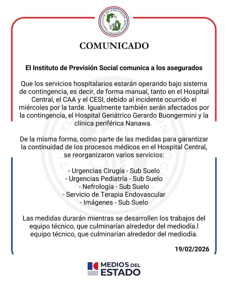 Comunicado del IPS sobre servicios afectados por el principio de incendio ayer.