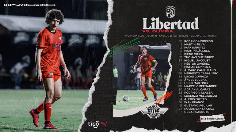 La lista de convocados de Libertad para enfrentar a Olimpia por la novena fecha del torneo Apertura 2025 del fútbol paraguayo.