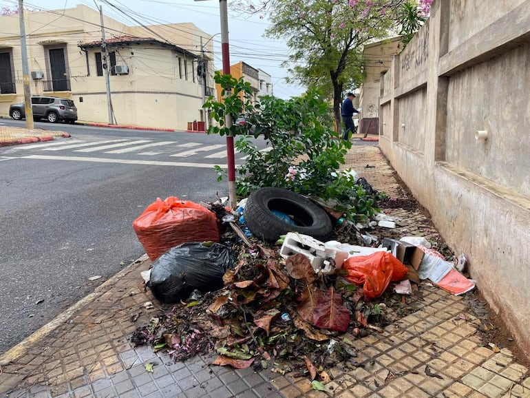 Montículo de basura en acera, con bolsas negras y naranjas, llanta negra y hojas secas en un entorno urbano.