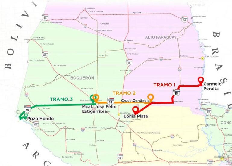 Gráfico que muestra el alcance de la Ruta Bioceánica y el futuro tramo Mariscal Estigarribia, Pozo Hondo. La obra permitirá desarrollar la zona y conectar el Océano Atlántico con el Pacífico pasando por el Chaco.
