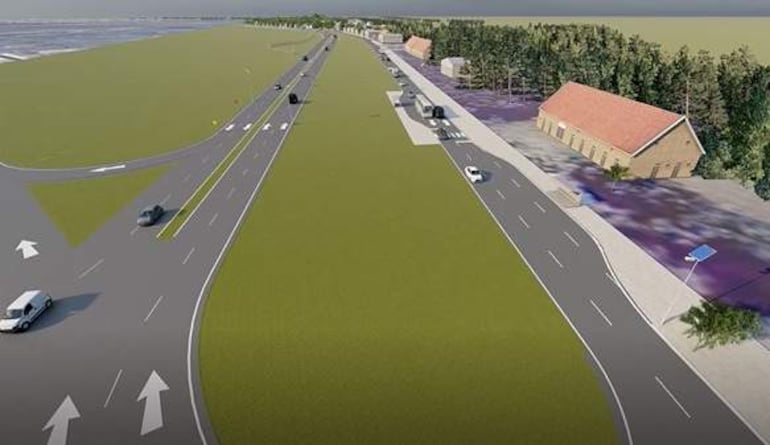 Vista de la carretera D025 en construcción con vehículos circulando y un edificio de techo rojo al fondo.