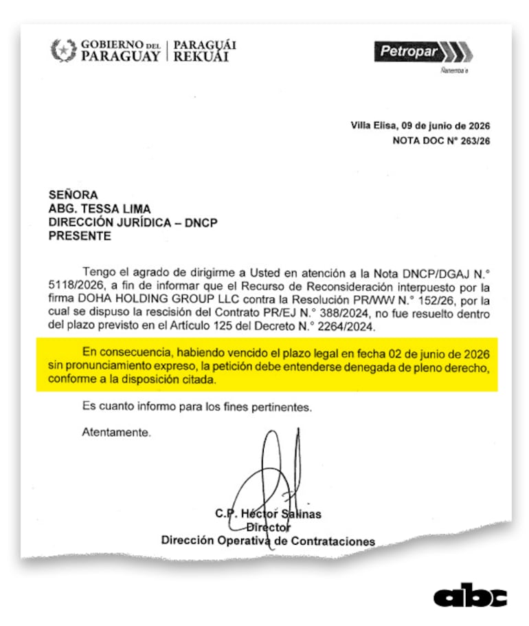 Nota que Petropar remitió a la DNCP en la que señala que la reconsideración de Doha Holding fue denegada.