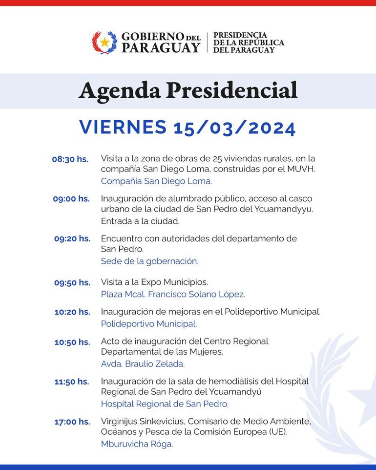 Agenda del presidente Santiago Peña, el 15 de marzo del 2024.