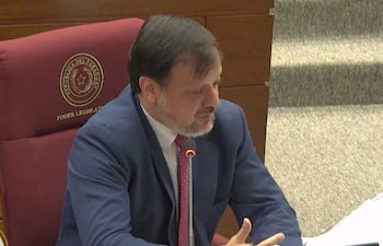 Claudio Lovera, con traje azul y corbata roja, habla concentrado en una sesión legislativa con sillones de cuero de fondo.