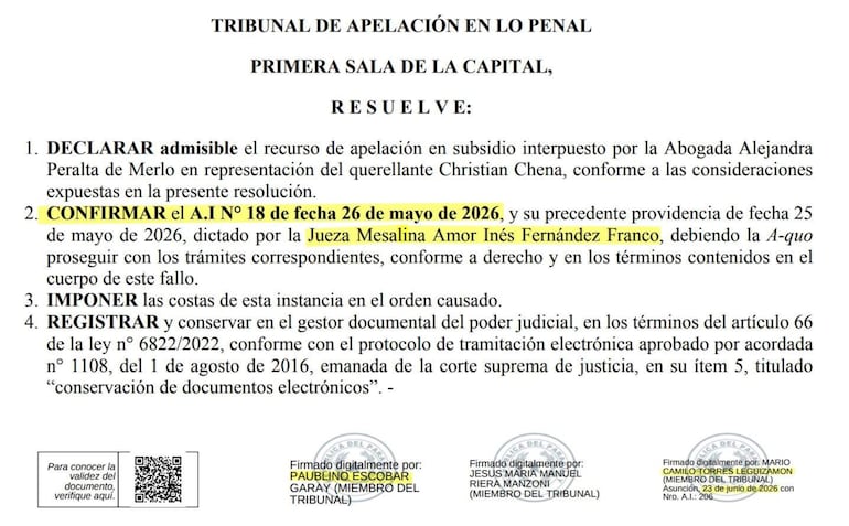 El fallo en Cámara de Apelación fue firmado en la misma fecha que el abogado Leguizamón se comunicó con Yecika.