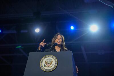 La candidata presidencial demócrata, la vicepresidenta de Estados Unidos, Kamala Harris, habla en un mitin de campaña en el Centro de Exposiciones del Parque Ferial Estatal de Wisconsi.