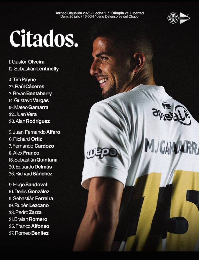 Los concentrados de Olimpia para la primera fecha del Torneo Clausura 2026. (Imagen: @OlimpiaMedia)