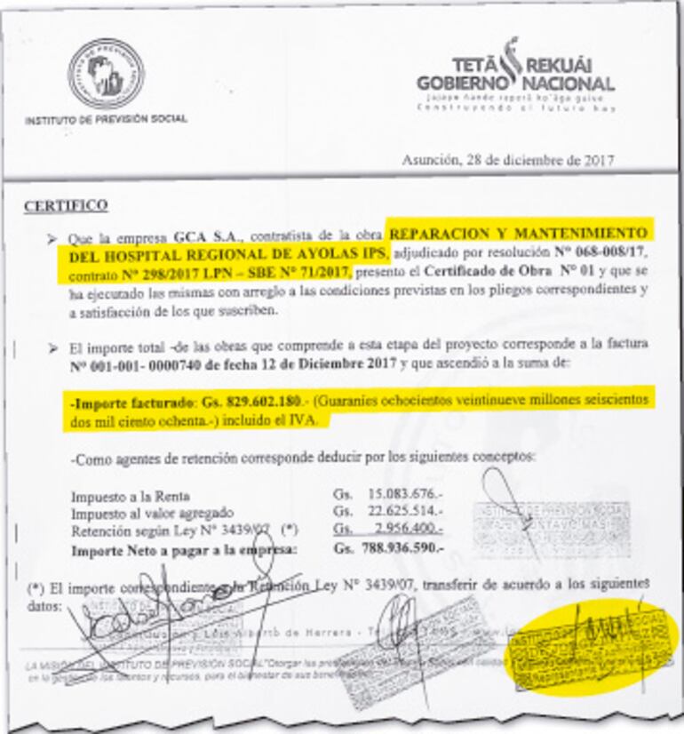 Certificado y orden de pago obrante en IPS que firmó Jorge Brítez el 28 de diciembre de 2017.