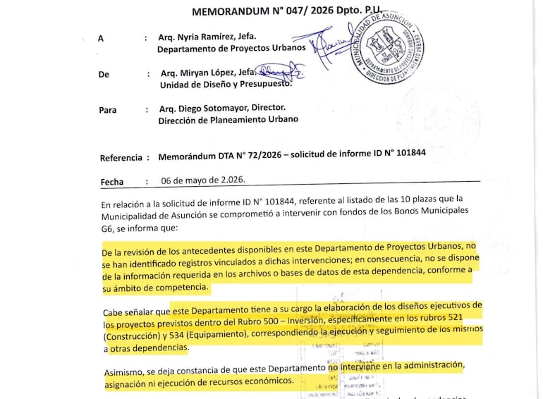Memorándum oficial sobre intervención de plazas, sin personas visibles, con información institucional y administrativa.