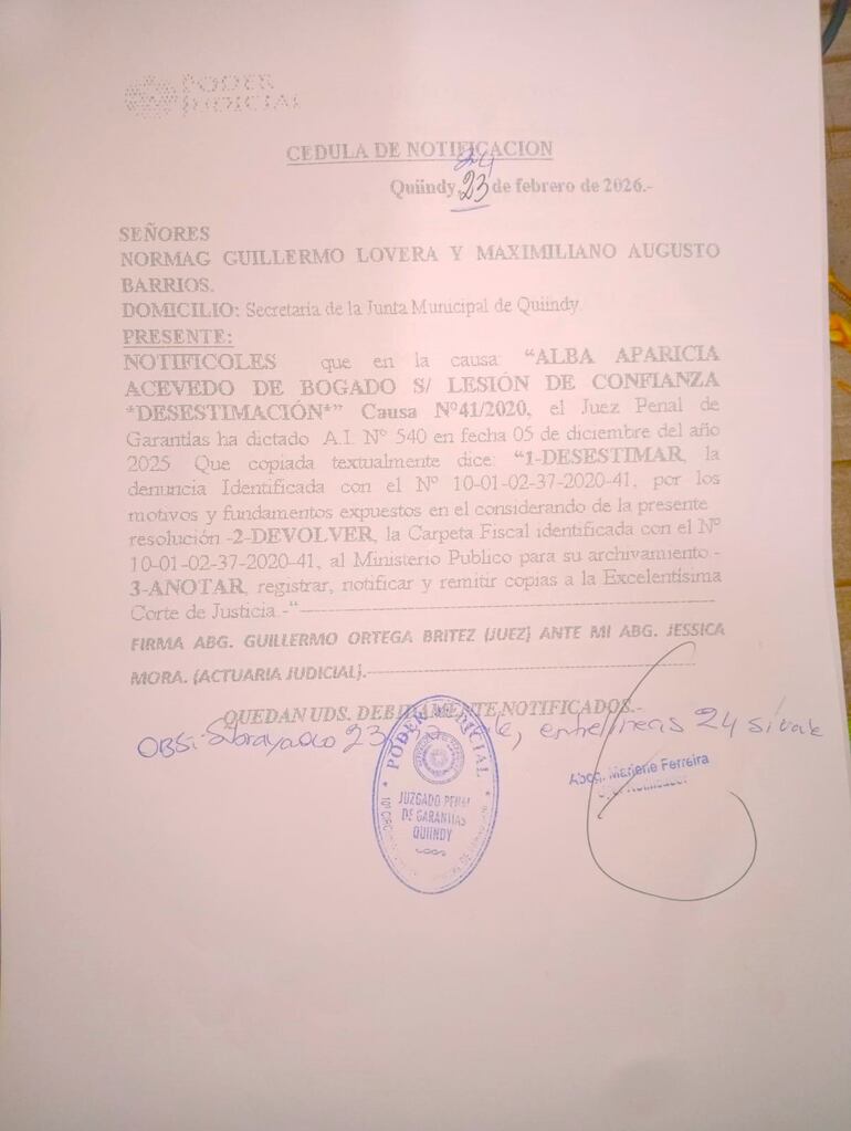 El exconcejal Guillermo Lovera (ANR) recibió la notificación judicial de desestimación.
