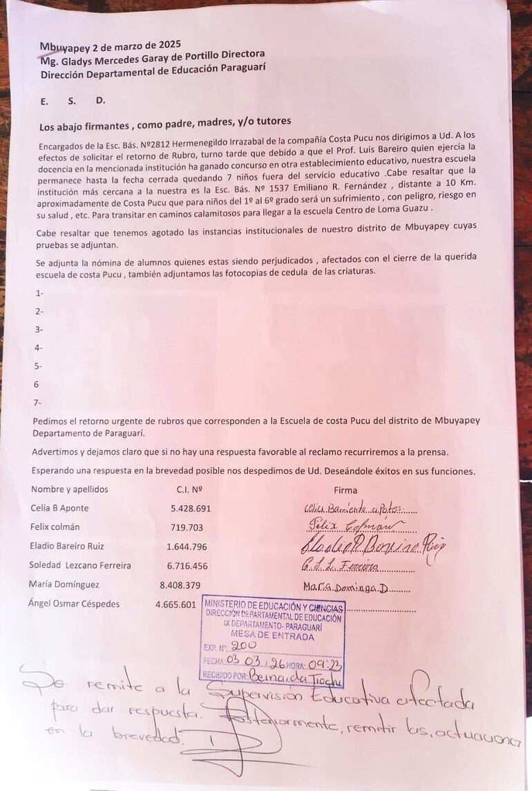 La nota que dejaron los padres de familias y aguandan respuestas del MEC.