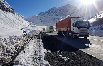 Tres camiones en carretera, con montañas nevadas y un cielo despejado de fondo, crean una escena visual impactante.