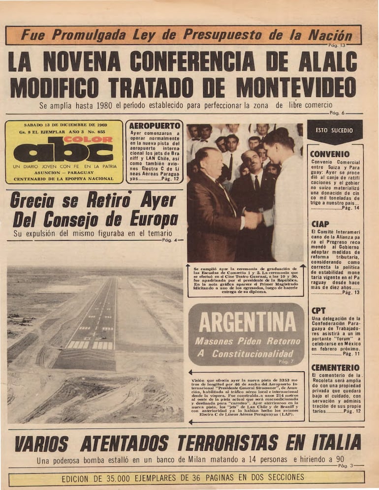 Portada de ABC Color del 13 de diciembre de 1969 con la publicación de la nueva pista del viejo aeropuerto.