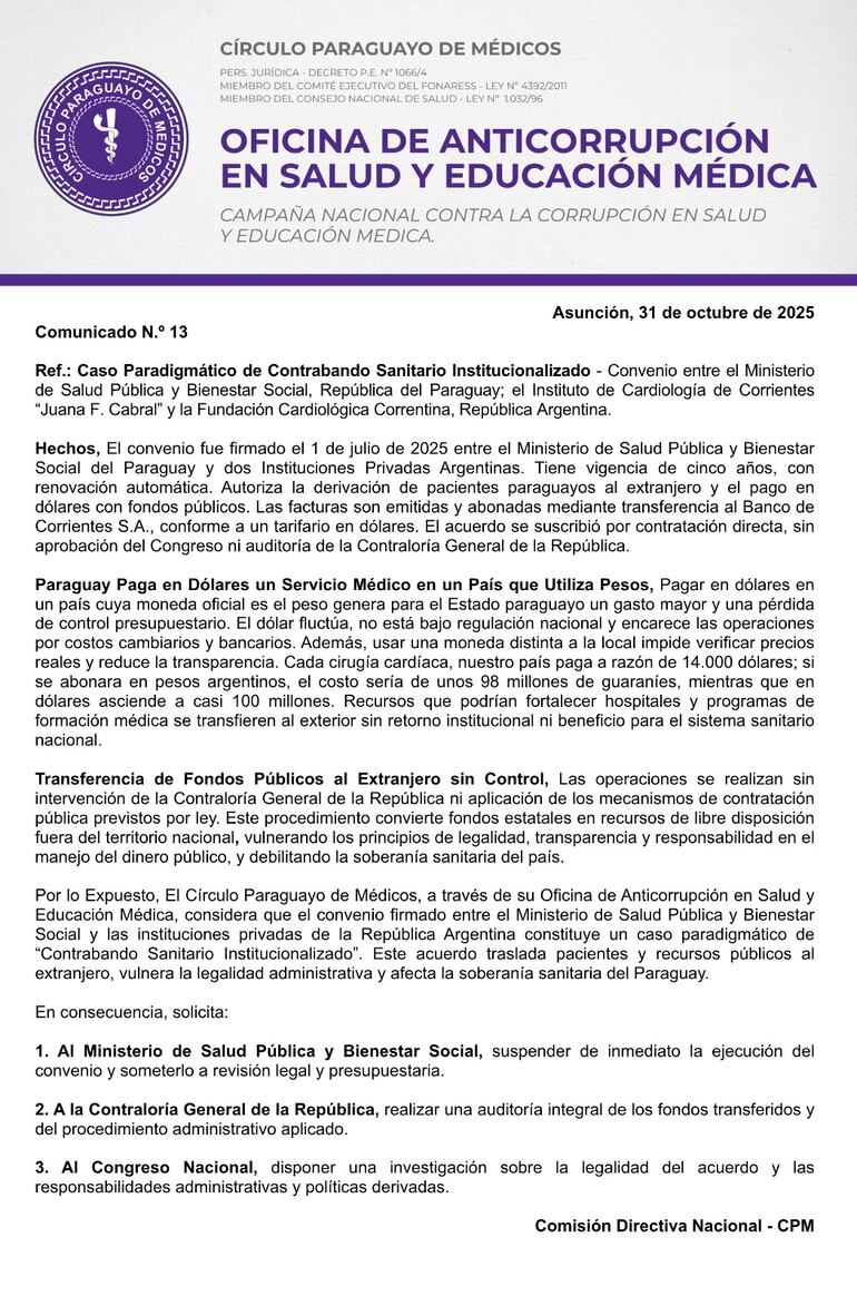 Comunicado del Círculo Paraguayo de Médicos sobre convenio con la fundación de cardiología de Corrientes, Argentina.