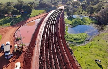 Maquinaria pesada en camino de tierra rodeado de vegetación densa en un ambiente soleado.