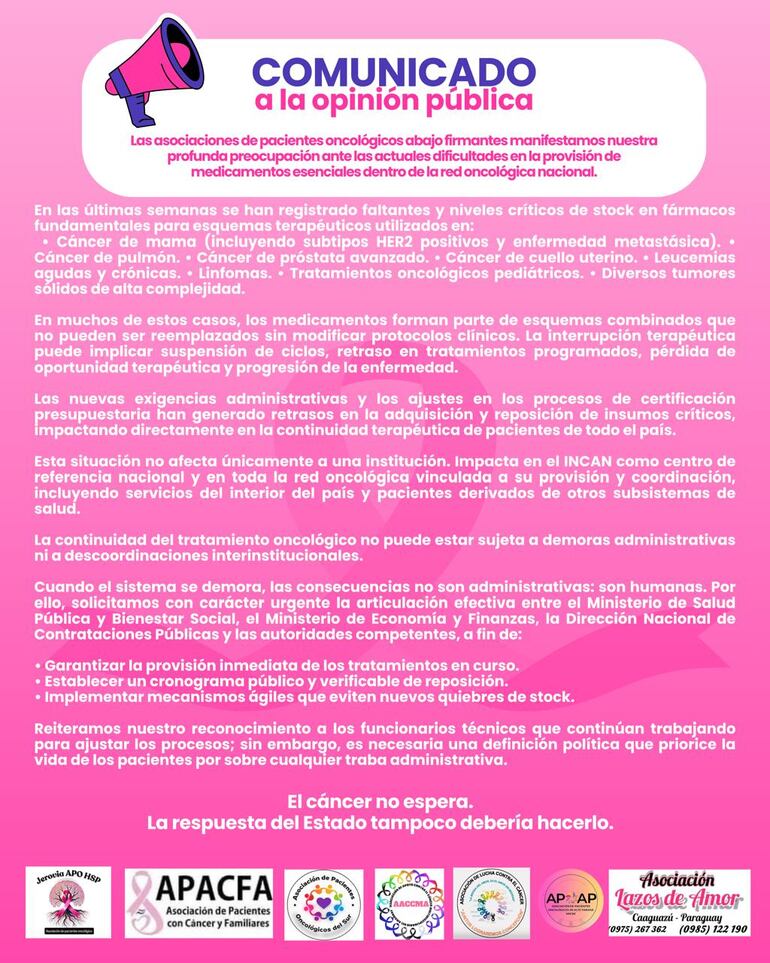 Comunicado de las asociaciones de pacientes con cáncer.