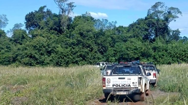 Tres camionetas policiales marcadas, rodeadas de vegetación densa en un camino de tierra, sin personas visibles.