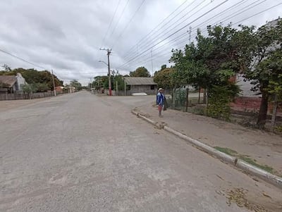 Persona vestida con camiseta azul y pantalones cortos camina por una calle tranquila con casas y árboles en ambos lados.