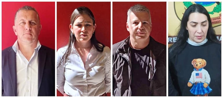 Cristian Amarilla en blazer negro y camisa blanca, Alicia Vázquez con cabello largo, Aldo Pintos serio en chaqueta negra, y Helga Lizany con camiseta de oso.