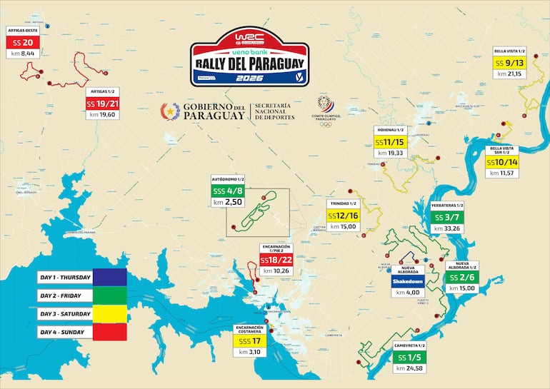 Mapa oficial del WRC Rally del Paraguay 2026.