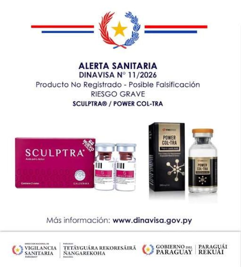 Aviso sanitario de DINAVISA destacando productos estéticos falsificados, con envases visibles de Sculptra® y Power Col-Tra.