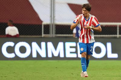 Paraguay's midfielder #21 Octavio Alfonso celebrates after scoring during the 2025 South American U-20 football championship match between Paraguay and Venezuela at the Metropolitano de Lara stadium in Cabudare, Lara state, Venezuela on January 29, 2025. (Photo by EDILZON GAMEZ / AFP)