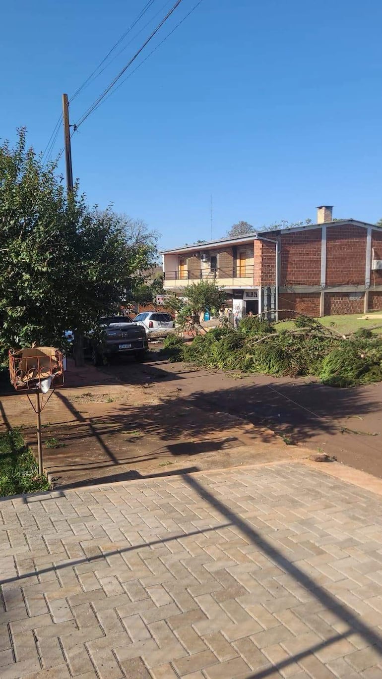 Edificio de dos pisos en calle con ramas caídas. Ambiente soleado y despejado, sin personas visibles.