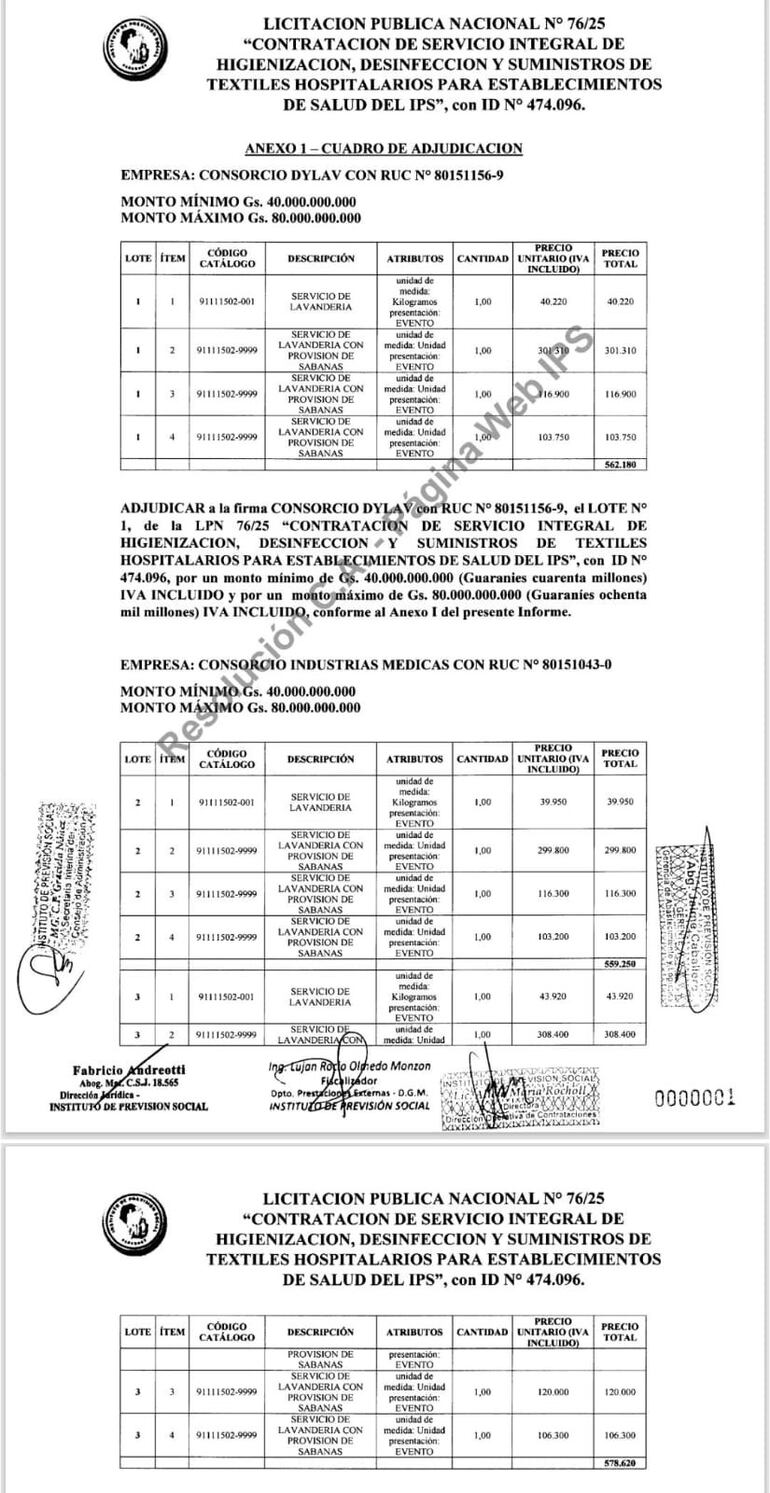 Documentos publicados por Mauricio Esp&iacute;nola, del proceso de adjudicaci&oacute;n para la compra de s&aacute;banas y lavander&iacute;a, para el IPS.