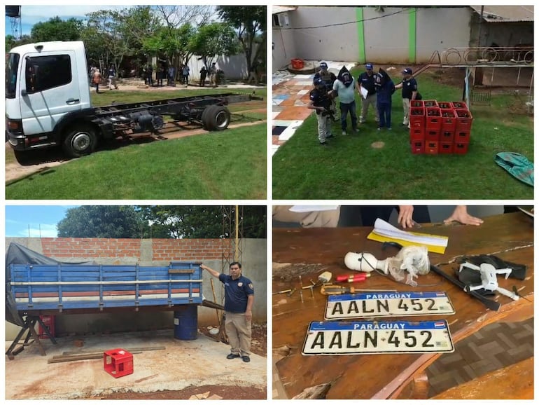 Agentes de seguridad examinan objetos en mesa, entre ellos matrículas, en un terreno abierto durante operativo policial.