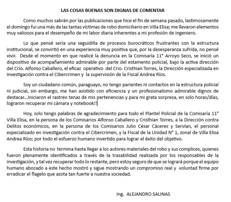 La carta compartida por la Policía Nacional y que es atribuida al ciudadano que fue víctima de robo.