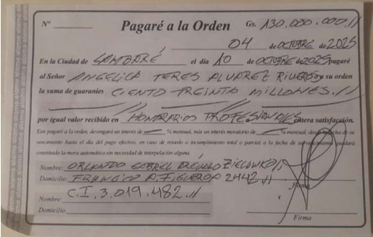 El pagaré a la Orden firmado por el exdiputado Arévalo, en favor de la señora Angélica Álvarez. 